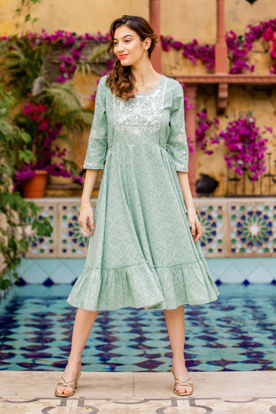 Indian Floral Embroidered Cotton Dress in Sage