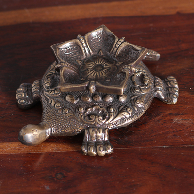 Floral Turtle-Shaped Antiqued Brass Sculpture from India