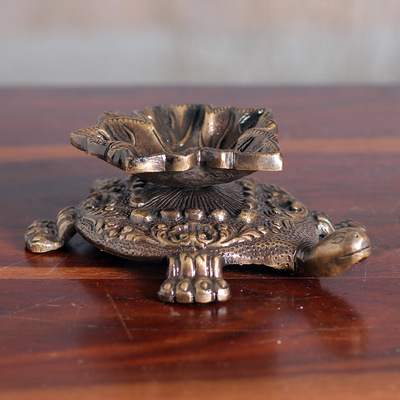 Leafy Turtle-Shaped Antiqued Brass Sculpture from India