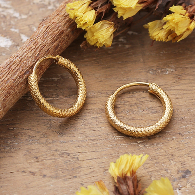 Polished Geometric-Patterned 14k Gold-Plated Hoop Earrings