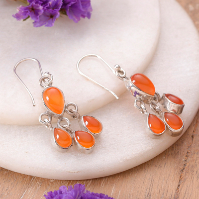 Natural Carnelian and Sterling Silver Chandelier Earrings