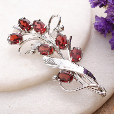Floral Three-Carat Garnet and Sterling Silver Brooch Pin