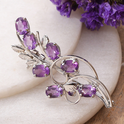 3-Carat Amethyst and Sterling Silver Floral Brooch Pin