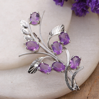 Floral 7-Carat Amethyst and Sterling Silver Brooch Pin