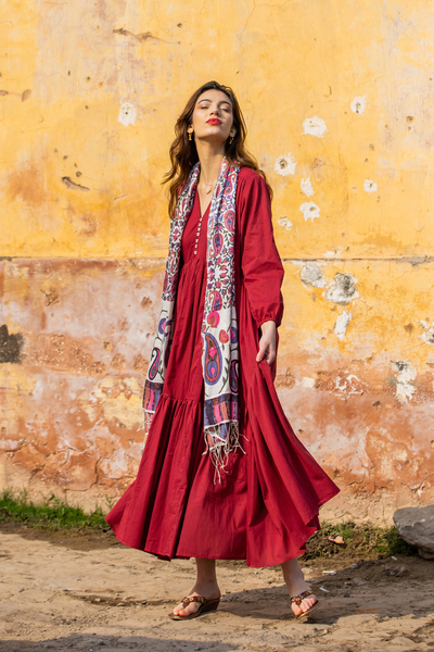 Relaxed Fit Long Sleeved Cotton Maxi Dress in Burgundy