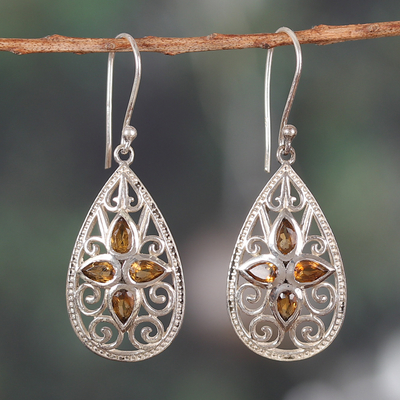 Floral Three-Carat Pear Citrine Dangle Earrings from India