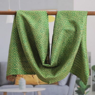 Geometric-Patterned Green and Black Reversible Silk Scarf