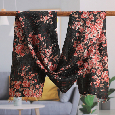 Floral-Patterned Black and White Reversible Silk Scarf