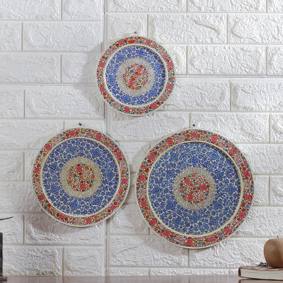 Set of 3 Painted Floral Round Blue and Red Wood Wall Accents