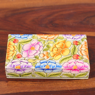 Floral Leaf Bird-Themed Papier Mache on Wood Decorative Box