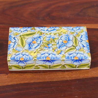 Blue Papier Mache on Wood Floral Leaf & Bird Decorative Box