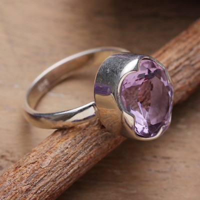 Polished Sterling Silver and Amethyst Single Stone Ring