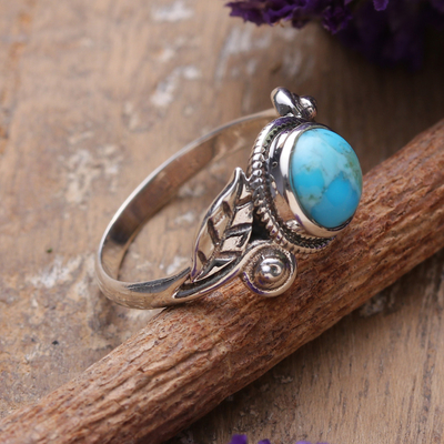 Silver Reconstituted Turquoise Cocktail Ring with Leaf Motif