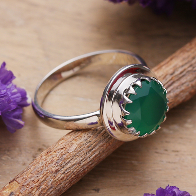 Polished Sterling Silver and Green Onyx Single Stone Ring