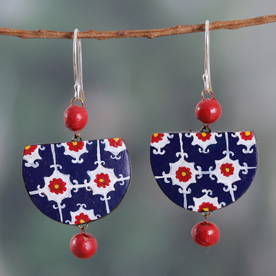Floral Blue and Red Ceramic Dangle Earrings from India