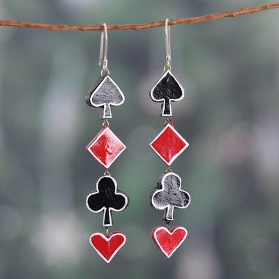Handcrafted Card Suit-Themed Ceramic Dangle Earrings
