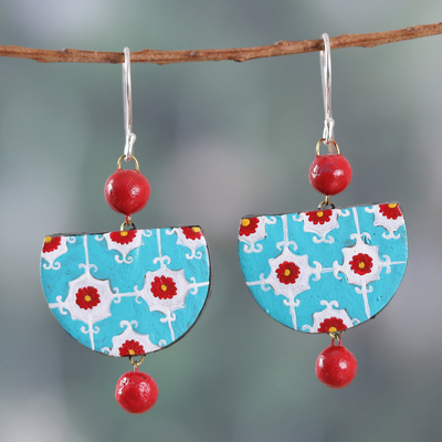 Floral Turquoise and Red Ceramic Dangle Earrings from India