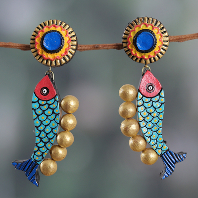 Colorful Hand-Painted Fish Themed Ceramic Statement Earrings