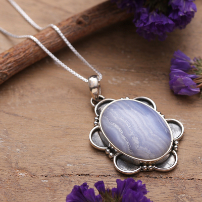 Polished Floral Sterling Silver and Agate Pendant Necklace