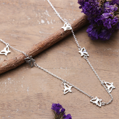 Butterfly-Themed Sterling Silver Station Charm Necklace