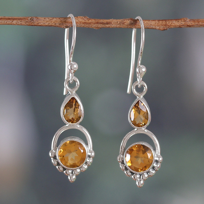 Two-Carat Faceted Pear and Round Citrine Dangle Earrings
