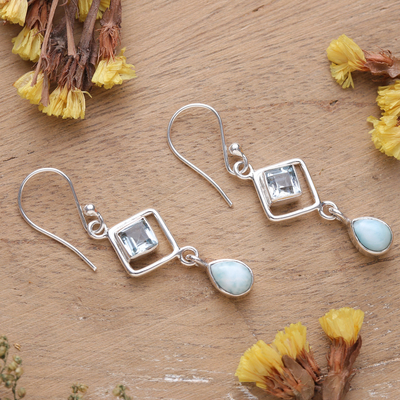 One-Carat Faceted Larimar and Blue Topaz Dangle Earrings