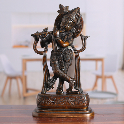 Traditional Folk Art Antiqued Brass Krishna Sculpture