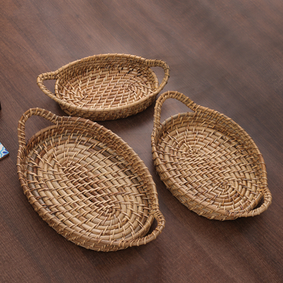 Handwoven Oval Natural Cane Fiber Baskets (Set of 3)