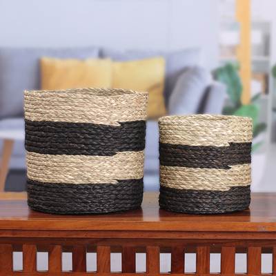 Set of 2 Striped Black and Beige Natural Fiber Baskets