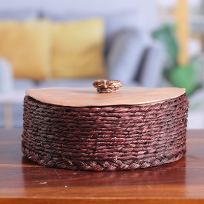 Handwoven Round Burgundy Natural Sabai Grass Fibers Basket