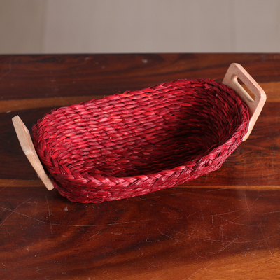 Handwoven Red Sabai Grass Fiber Basket with Wood Handles