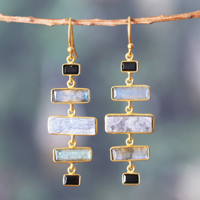 Gold-Plated 4-Carat Labradorite and Onyx Dangle Earrings