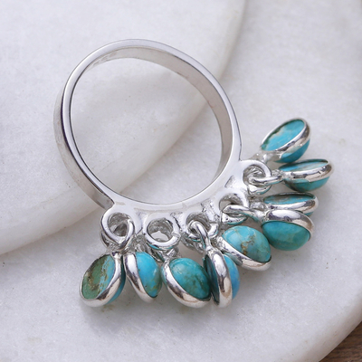 Sterling Silver Cluster Ring with Ten Recon Turquoise Gems