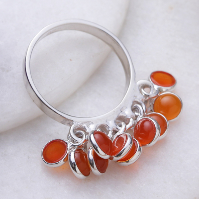 Sterling Silver Cluster Ring with Ten Natural Carnelian Gems