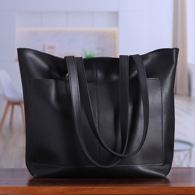 Handcrafted 100% Leather Open-Top Tote Bag in Black