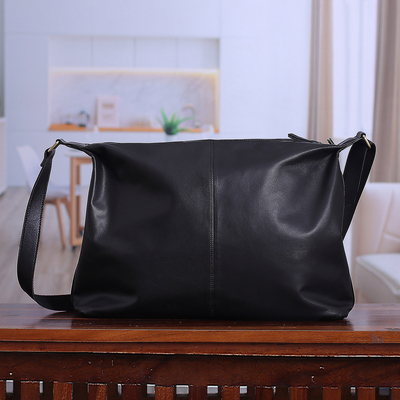 100% Ebony Leather Zippered Adjustable Shoulder Bag