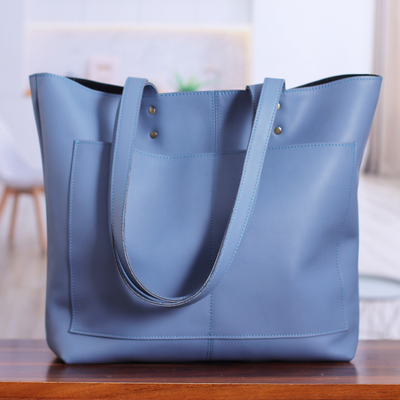 Handcrafted 100% Leather Open-Top Tote Bag in Cadet Blue
