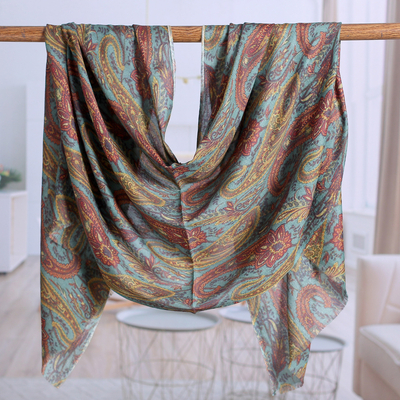 Paisley-Patterned Jade Wool and Silk Blend Shawl from India