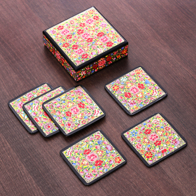 Set of 6 Floral Multicolor Wood and Papier Mache Coasters