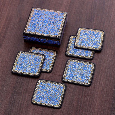 Set of 6 Floral Blue Wood and Papier Mache Coasters
