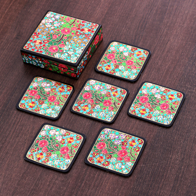 Set of 6 Floral Painted Wood and Papier Mache Coasters