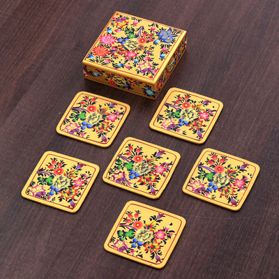 Set of 6 Floral Yellow Wood and Papier Mache Coasters