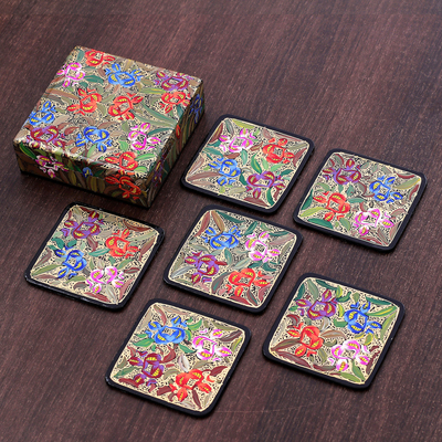 Set of 6 Floral Brown Wood and Papier Mache Coasters