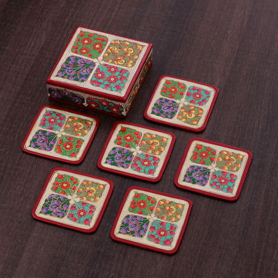 Set of 6 Floral Painted Red Wood and Papier Mache Coasters