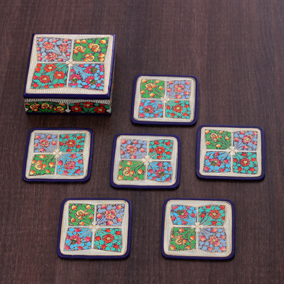 Set of 6 Floral Painted Blue Wood and Papier Mache Coasters