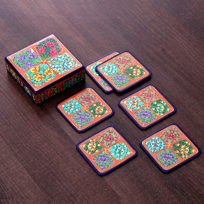 Set of 6 Floral Painted Orange Papier Mache Coasters