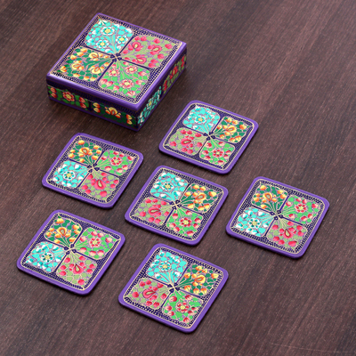 Set of 6 Floral Painted Purple Papier Mache Coasters
