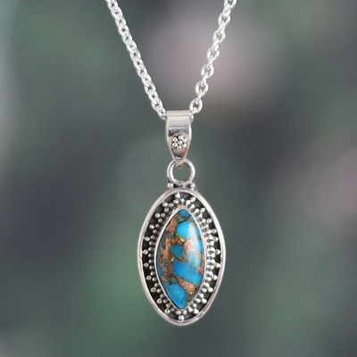 Silver Pendant Necklace with Oval Reconstituted Turquoise