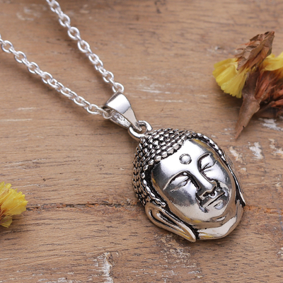 Polished Buddha Sterling Silver Pendant Necklace from India