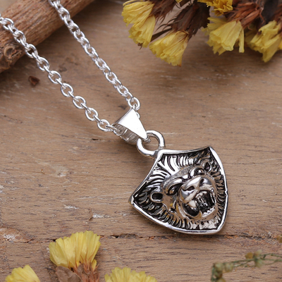 Polished Lion-Themed Sterling Silver Pendant Necklace